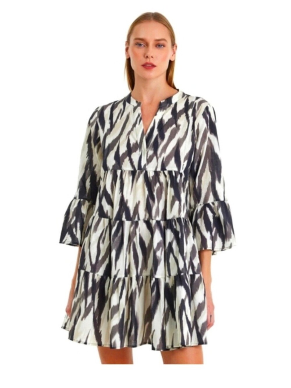NWT Devotion TWINS ELLA Mini Dress Size Small Abstract Tiered Boho Luxury